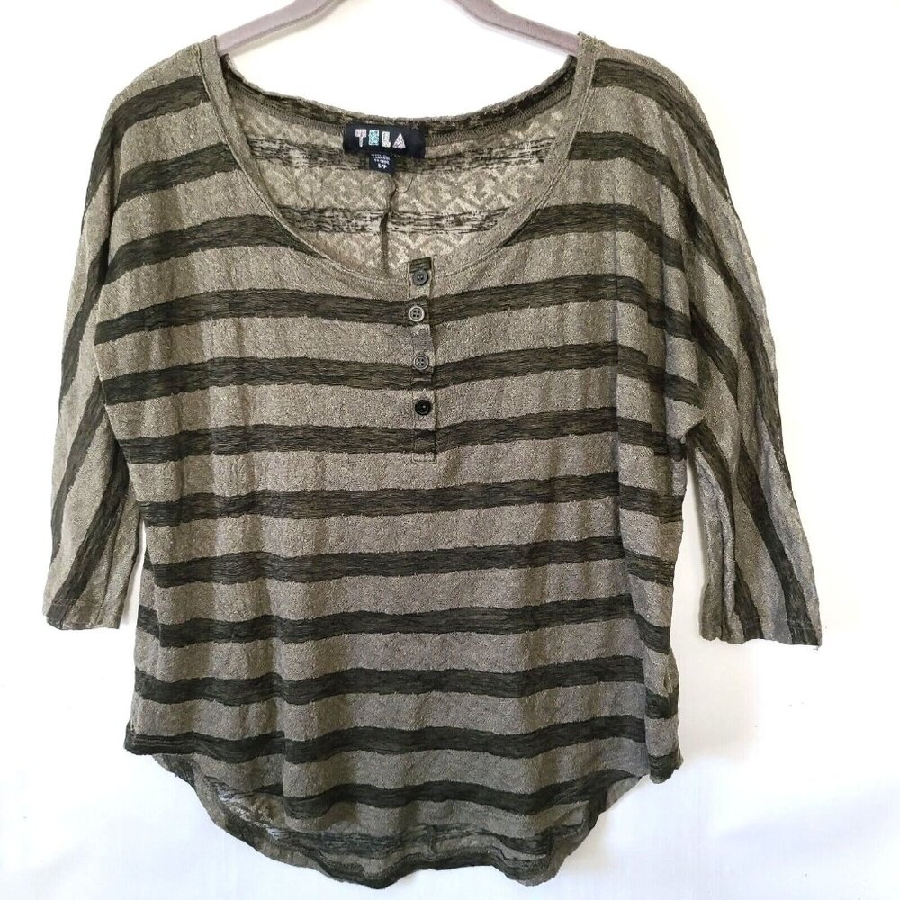 TELA Henley Top Sz S Black Gray Stripe 3/4 Slv Scoop Neck Burnout Sheer Light
